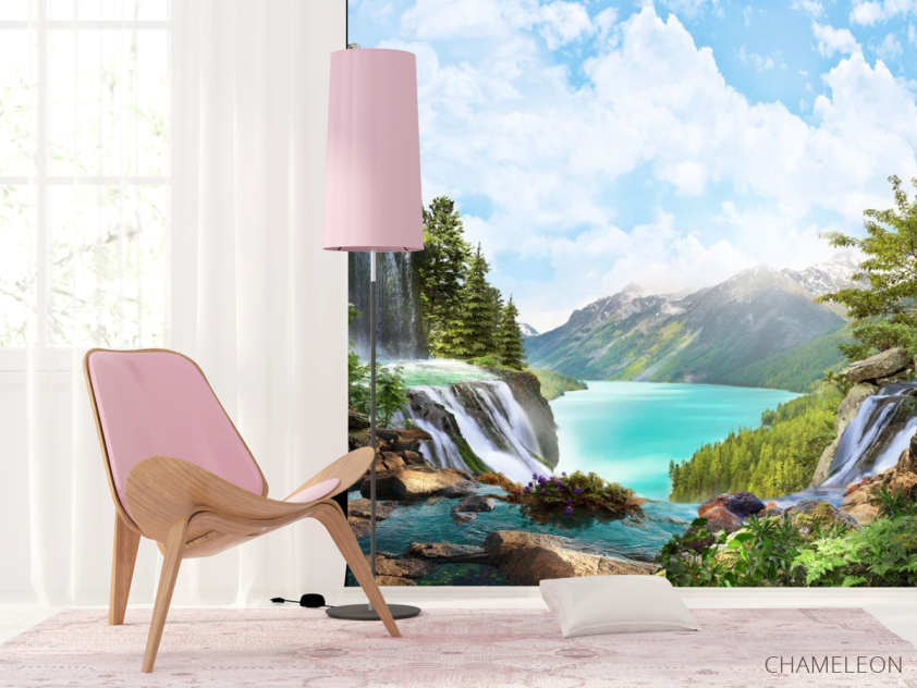 Фотошпалери водоспад над озером в горах - 4