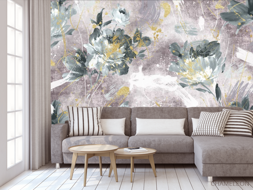 Фотообои Дизайнерские цветы с золотом розовые. - 3