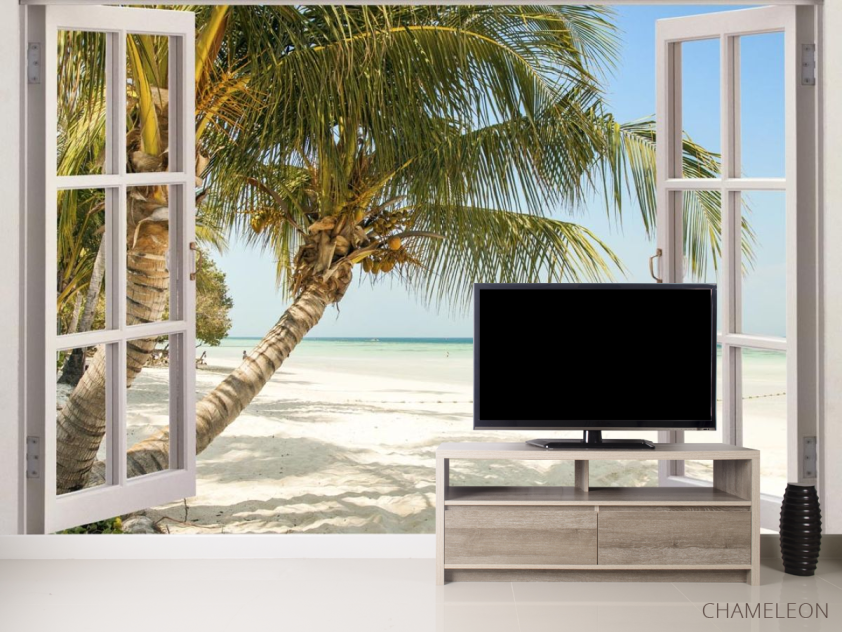 Фотообои Пальма и море в окне - 2