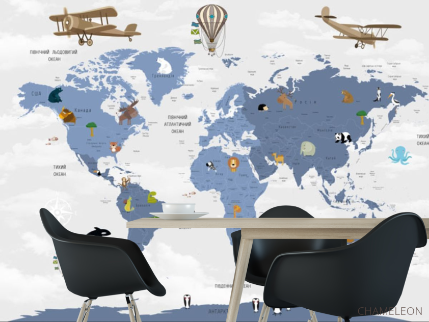 Фотошпалери Карта Дитяча на українському сині континенти - 1