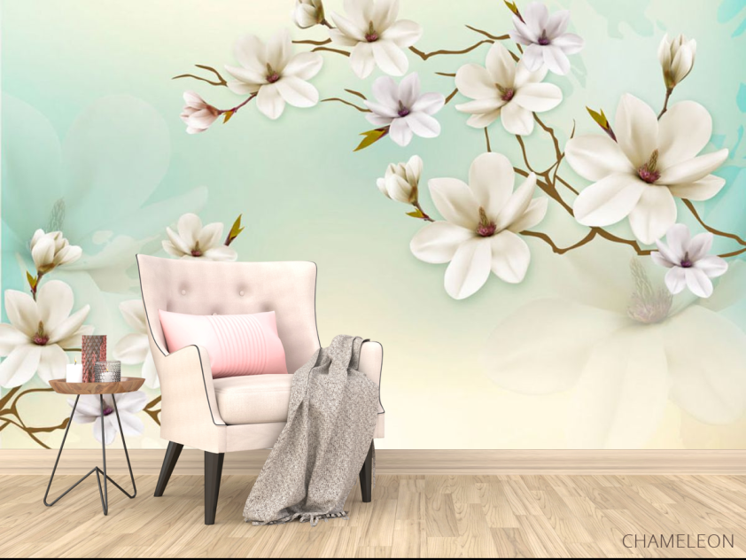 Фотообои Белые магнолии на бирюзовой стене - 4