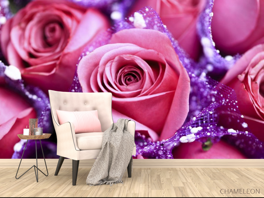 Фотообои розовые розы в сереневой сетке - 4