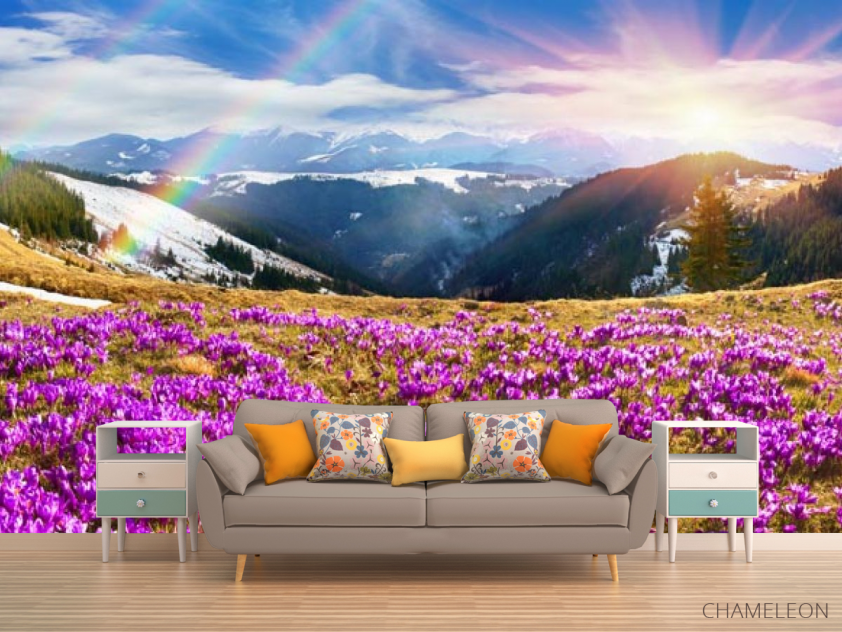 Фотообои поляна с сиреневыми цветами в горах - 1