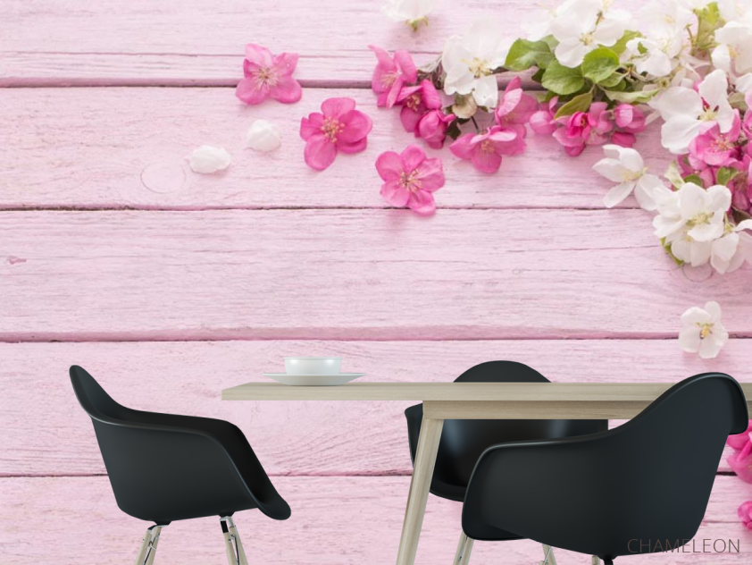 Фотошпалери білі і рожеві пелюстки на рожевому дерев'яному тлі - 1