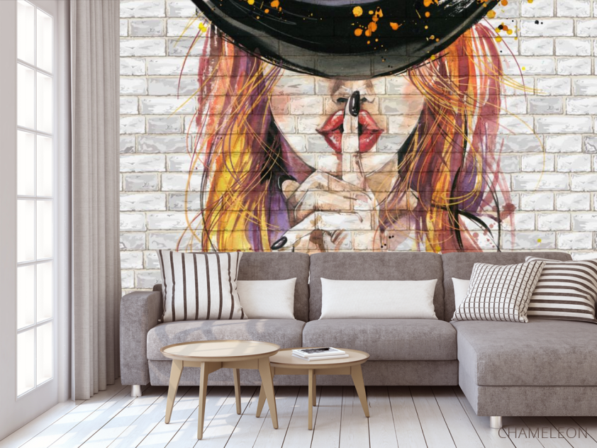 Фотообои дама в шляпе, кирпичная стена - 3