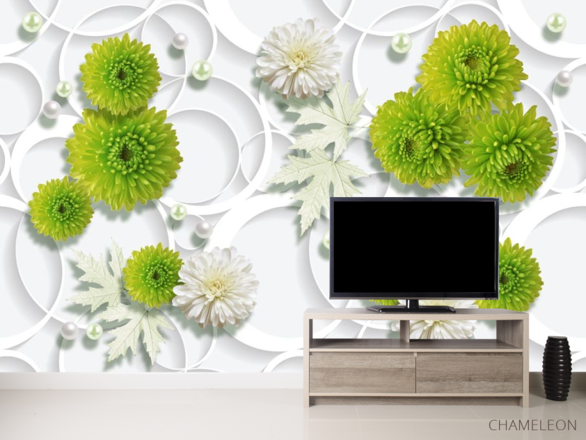 Фотообои зеленые цветы на фоне белых кругов - 2