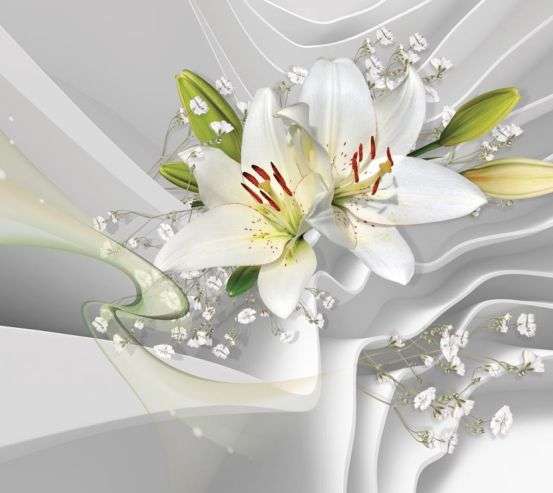 Фотообои белые лилии на фоне белых волн Фотообои белые лилии на фоне белых волн 21661