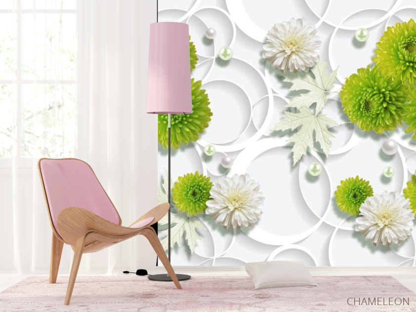 Фотошпалери зелені квіти на тлі білих кіл - 4