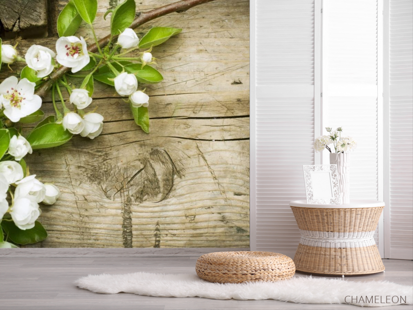 Фотошпалери білі цветоки на тлі дерев'яно - 2