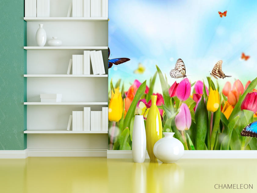 Фотошпалери Тюльпани, поле, метелики - 3