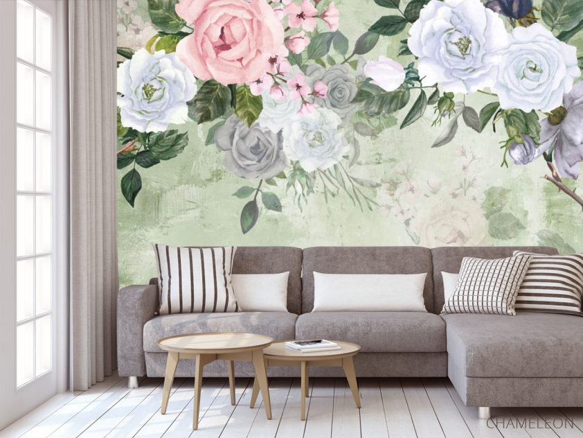 Фотообои Акварельные цветы на зелёном фоне - 3