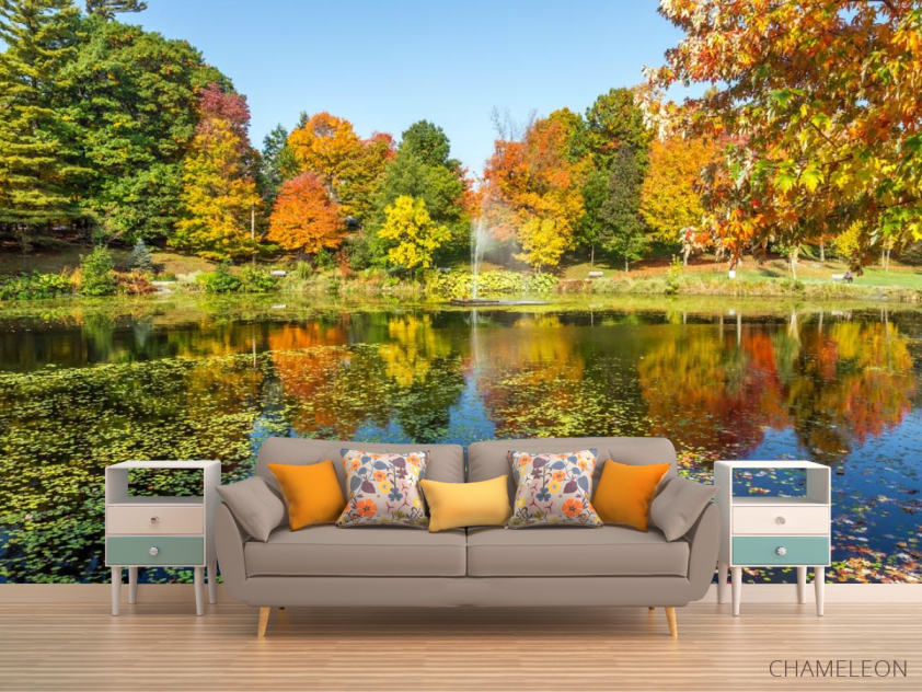 Фотообои осень деревья и фонтан над озером - 1