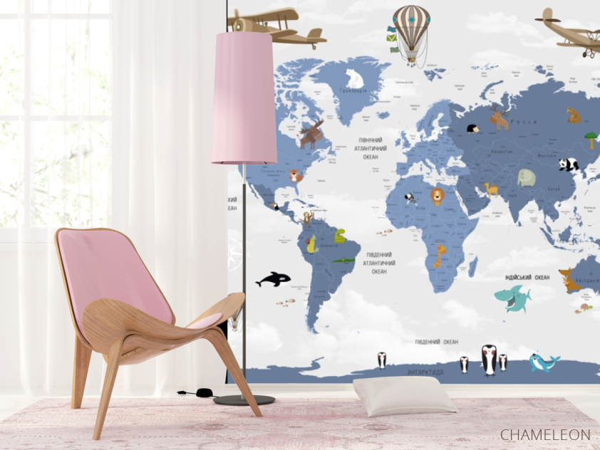 Фотошпалери Карта Дитяча на українському сині континенти - 4