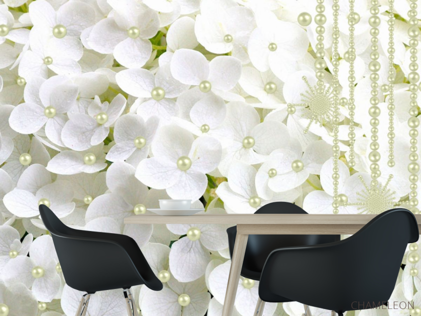 Фотошпалери Біла гортензія і намистини - 1