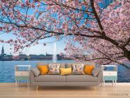 Фотообои сакура над рекой с фонтаном - 1