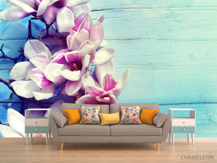 Фотообои цветы на голубом деревянном фоне - 1