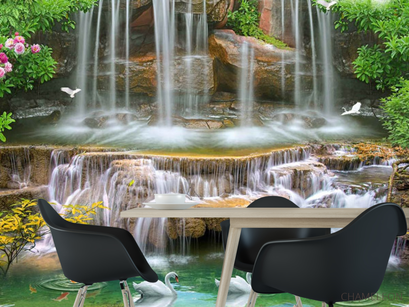 Фотошпалери 3Д водоспад і лебеді - 1
