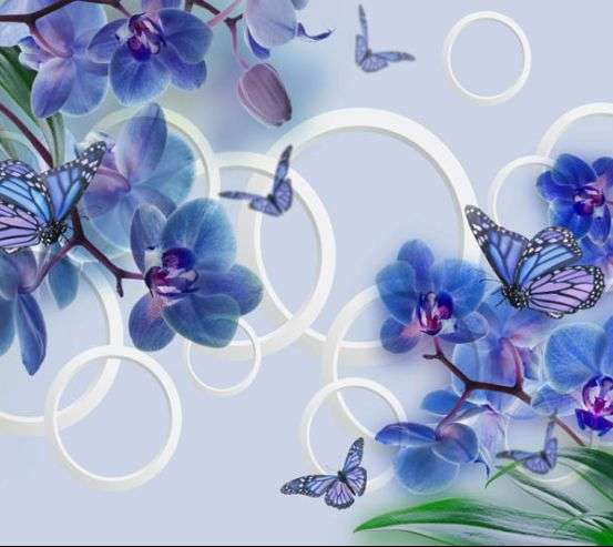 Фотообои Синие орхидеи и бабочки Фотообои Синие орхидеи и бабочки 30824