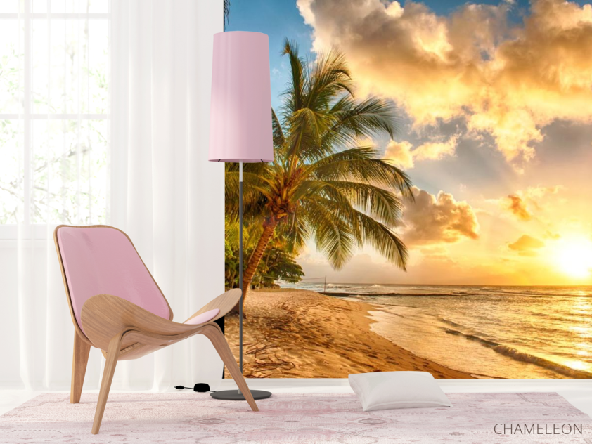 Фотошпалери пальми над морем і жовті хмари - 4