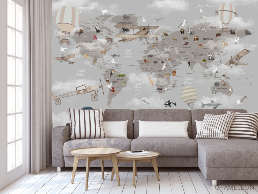 Фотообои Серая карта с самолетами и шарами на английском - 3