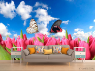 Фотообои Бабочки и розовые тюльпаны - 1