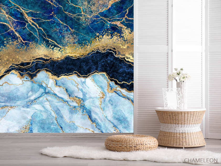 Фотошпалери Синій Fluid art з золотом - 2