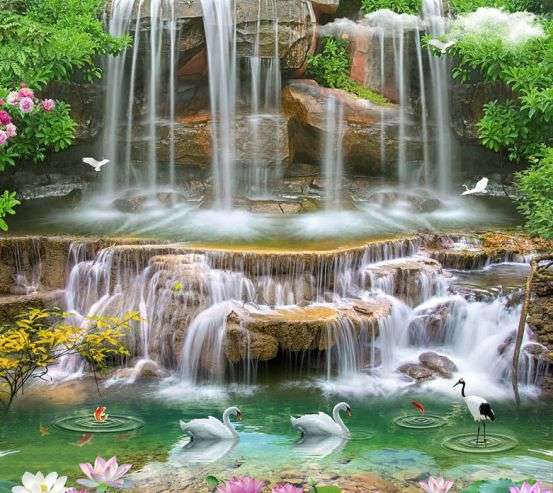 Фотошпалери 3Д водоспад і лебеді Фотошпалери 3Д водоспад і лебеді 32414