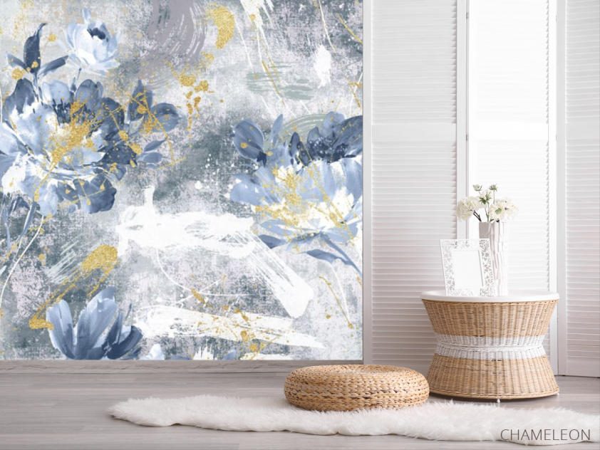 Фотошпалери дизайнерські квіти з золотом сині. - 2