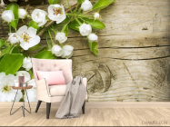 Фотообои белые цветоки на деревянно фоне - 4