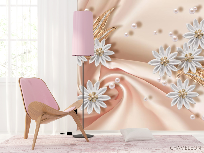 Фотошпалери білі квіти брошки на тканини - 4