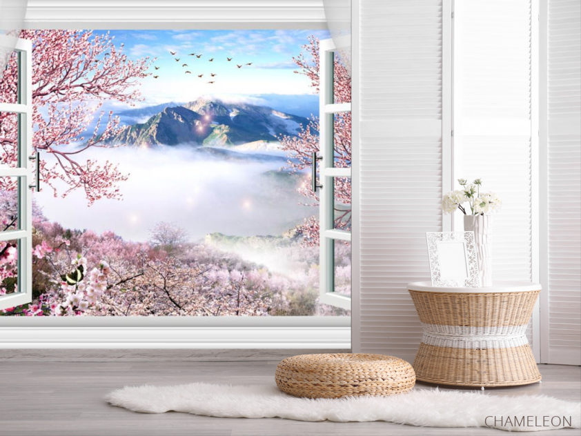 Фотошпалери вікно з видом на сакуру і гори - 2