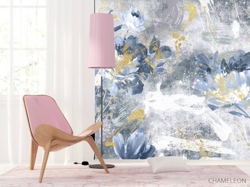 Фотошпалери дизайнерські квіти з золотом сині. - 4