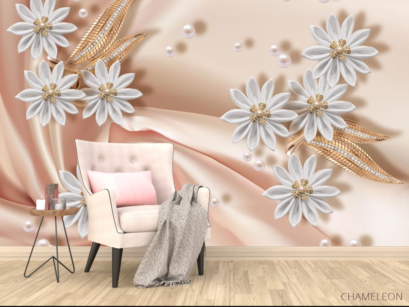 Фотообои белые цветы брошки на ткани - 4