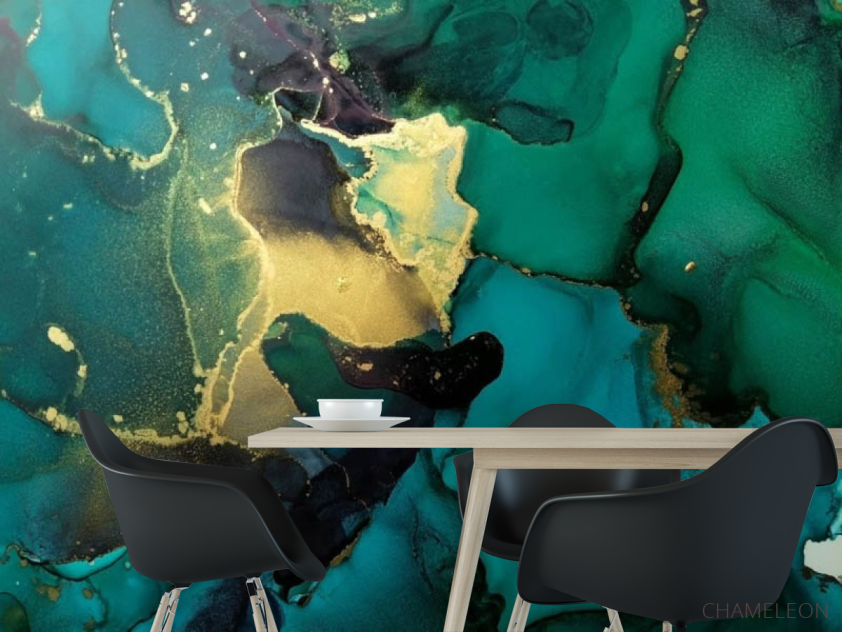 Фотошпалери Зелений fluid art з золотом - 1
